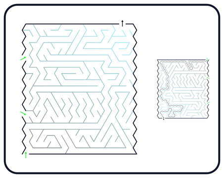Rectangular maze for kids, medium difficulty printable logic game, find the way from start to exit, black and white, activity worksheet page with solution