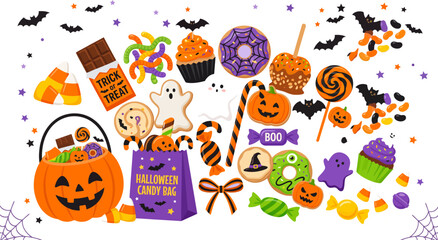 Fototapeta premium Halloween treats, candy icons, spooky sweets, vector illustrations