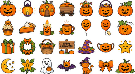 Obraz premium Halloween icons, pumpkin stickers, 40 cartoon symbols, orange characters