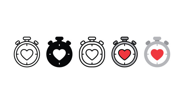Stopwatch timer icons with heart symbol on white background
