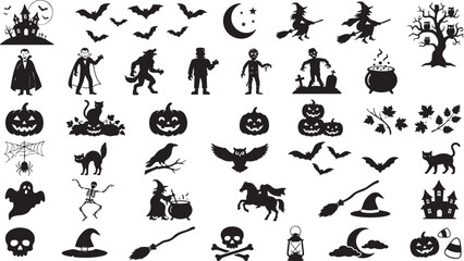 Obraz premium Halloween black silhouettes spooky icons for decorations and party themes