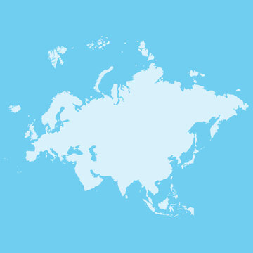 White map of Eurasia isolated on a light blue background. Editable strokes. Vector illustration