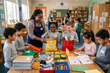 Fototapeta premium Mandela Day kindness: Young hearts unite to pack bags with learning tools & essentials