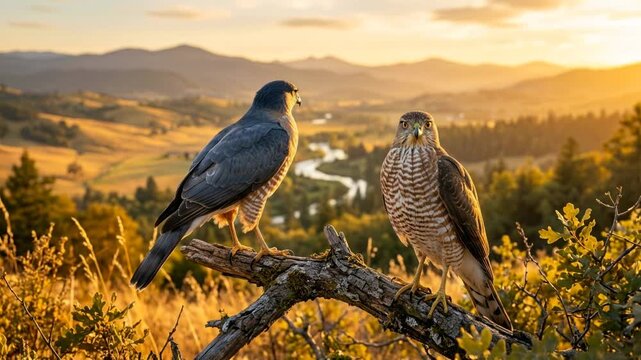 two cooper's hawks perched on tree branch in yellowstone national park usa close up video