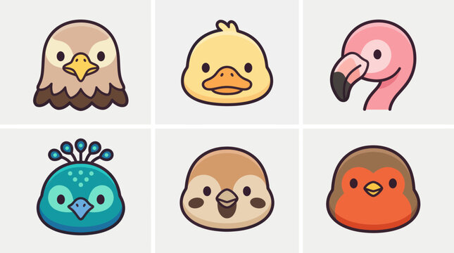Set of cute bird faces icons