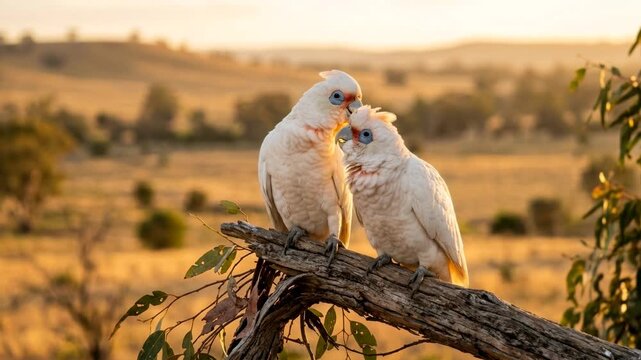 two corella parrots on eucalyptus tree in australia golden light close up video
