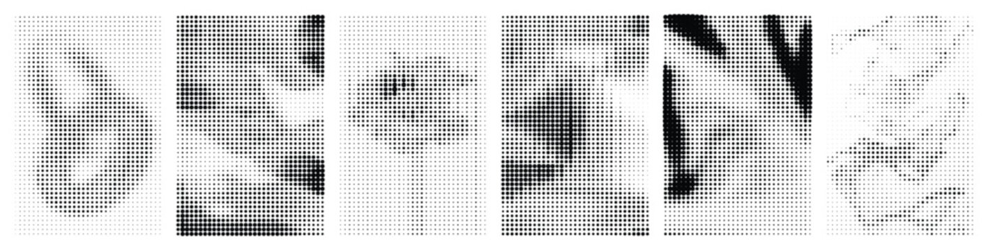 Set of halftone dot patterns, abstract geometric backgrounds, vector illustration, monochrome texture, distressed grunge effect, creative design elements