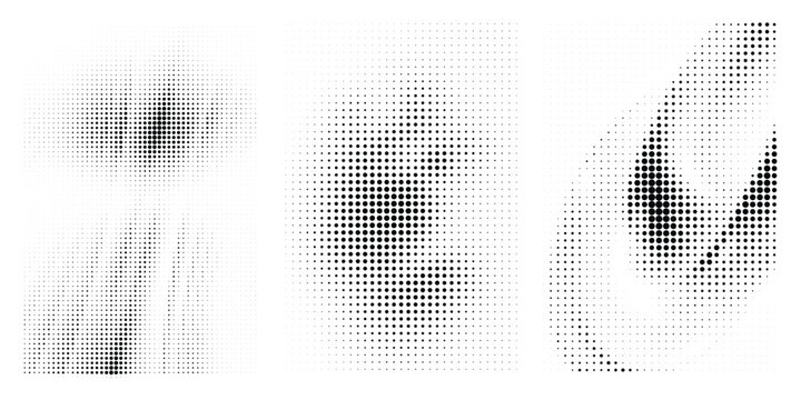 Set of three abstract halftone patterns with varying dot density and shapes, vector illustration for graphic design backgrounds