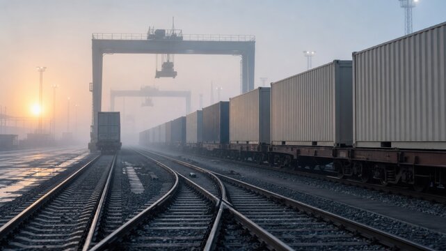 Container trains move through a foggy rail yard during early morning hours as the sun begins to rise