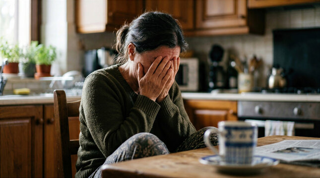 Sad Mature Woman with Head in Hands Crying at Home, Concept of Menopause, Depression and Emotional Exhaustion in Midlife