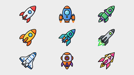 Space rockets flying in orbit vector icons © Johnsoon