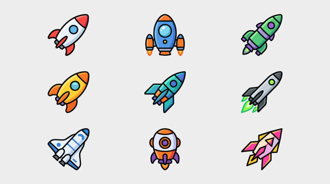 Space rockets flying in orbit vector icons