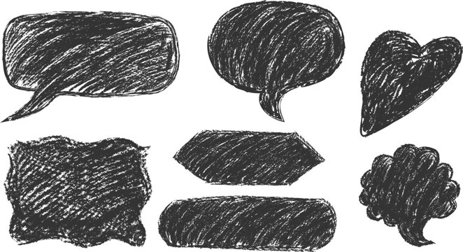 Set of black monochrome crayon textured banners and speech bubbles vector illustration. Grunge design elements with rough charcoal strokes and organic shapes for eco product packaging, menu highlights