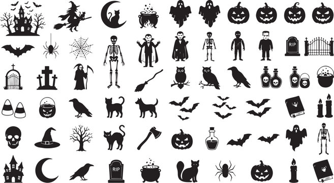 Halloween icons set including spooky silhouettes of bats pumpkins skeletons ghosts and other creepy creatures for party decorations