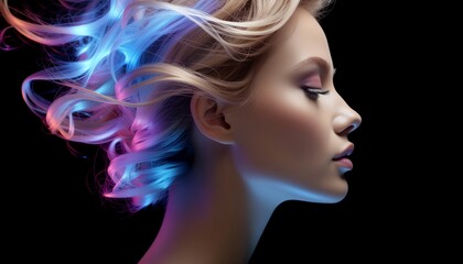 Fototapeta premium Woman with colorful hair and glowing face.