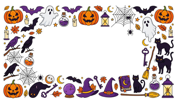 Modern Halloween Decorative Border &ndash; Spooky Seasonal Frame with Pumpkins, Bats and Magic Elements Vector Illustration