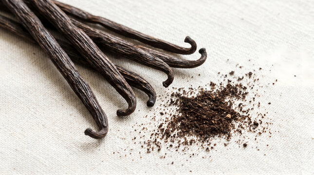 Several dark brown, dried vanilla beans are arranged neatly on a light-colored, textured linen surface, with a small pile of ground vanilla bean powder next to them.