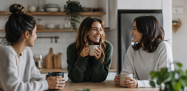 Three young women friends talking and drinking coffee in a cozy modern kitchen, warm friendship, support and home lifestyle concept.