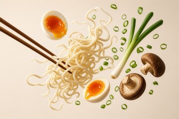 Fototapeta premium Floating Ramen Noodles with Soft Boiled Ajitama Egg, Shiitake Mushrooms, Green Onions, and Chopsticks – Minimalist Levitation Food Photography