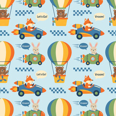 Obraz premium This vibrant illustration depicts cute animals driving cars and flying hot air balloons, creating a fun and whimsical scene filled with excitement and joy, perfect for children's themes.