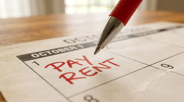 A close-up shot of a calendar marked with october 1st and the words pay rent written in red, emphasizing the due date for rent payment.