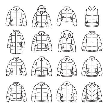 Collection of puffer jacket outlines with hoods and vests for winter fashion design