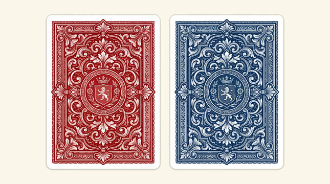 Red and blue playing card back design ornaments.