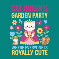 Fototapeta premium An adorable digital illustration of a cat queen at a garden party surrounded by cheerful animals and vibrant flowers, representing charm, friendship, and joy in nature.