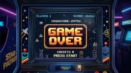 Retro arcade cabinet screen displaying game over text. © Wijaksono