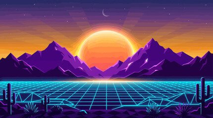 Retro synthwave landscape with mountains and neon sunset grid. © Wijaksono