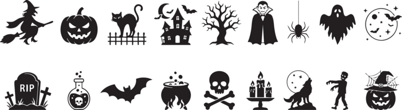 Halloween silhouette icons set witch pumpkin vampire ghost and more black symbols for spooky decor and design