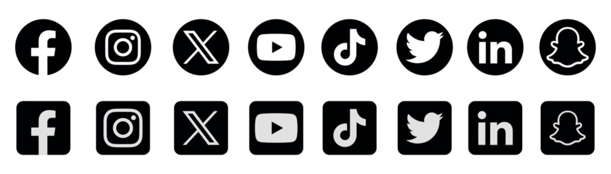 social media icons collection featuring Facebook Instagram X Twitter YouTube TikTok LinkedIn Pinterest Snapchat