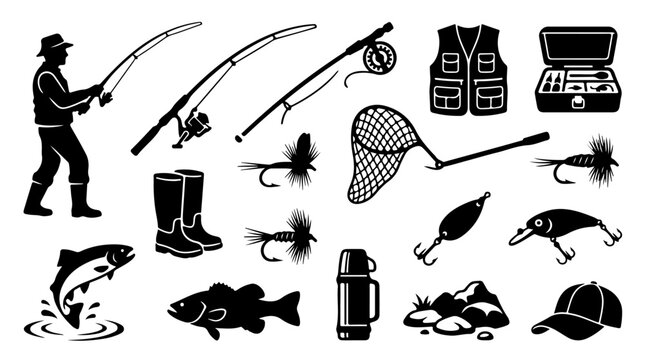Fishing equipment icons illustration featuring fisherman, rods, reel, vest, tackle box, boots, net, bait, fish, thermos, and cap design