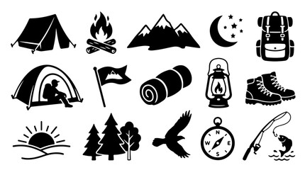 Obraz premium Camping adventure icons illustration featuring tent, campfire, mountains, moon, backpack, boots, lantern, trees, compass, sunrise, bird, and fishing rod design