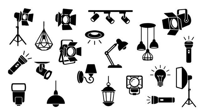 Lighting equipment icons illustration featuring lamps, spotlights, flash units, pendant lights, desk lamps, lanterns, and ceiling fixtures design