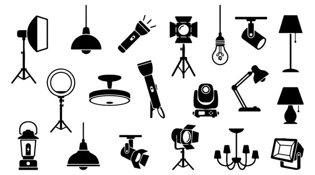 Lighting equipment icons illustration featuring lamps, spotlights, flash units, pendant lights, desk lamps, lanterns, and ceiling fixtures design
