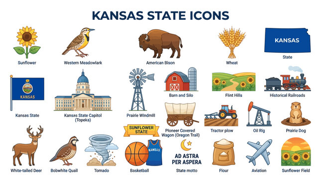 Set of Detailed Kansas State Icons Featuring Local Wildlife Landmarks Agriculture and Iconic Symbols Isolated on a Clean White Background