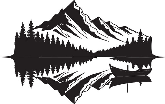 Mountain Lake Landscape Silhouette | Nature Reflection Vector | Black Forest Clipart