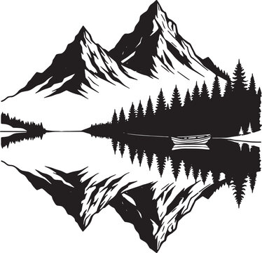 Mountain Lake Landscape Silhouette | Nature Reflection Vector | Black Forest Clipart