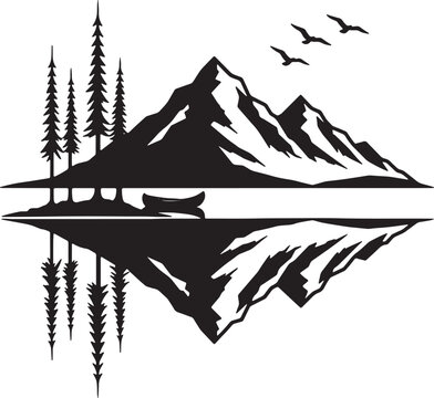 Mountain Lake Landscape Silhouette | Nature Reflection Vector | Black Forest Clipart