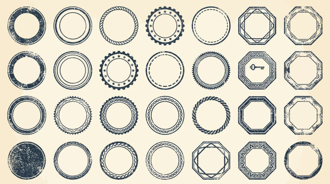 Vintage circular and polygonal grunge stamp frame set.