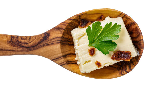 Isolated wooden spoon with a piece of white cheese, garnished with parsley and spices, studio shot