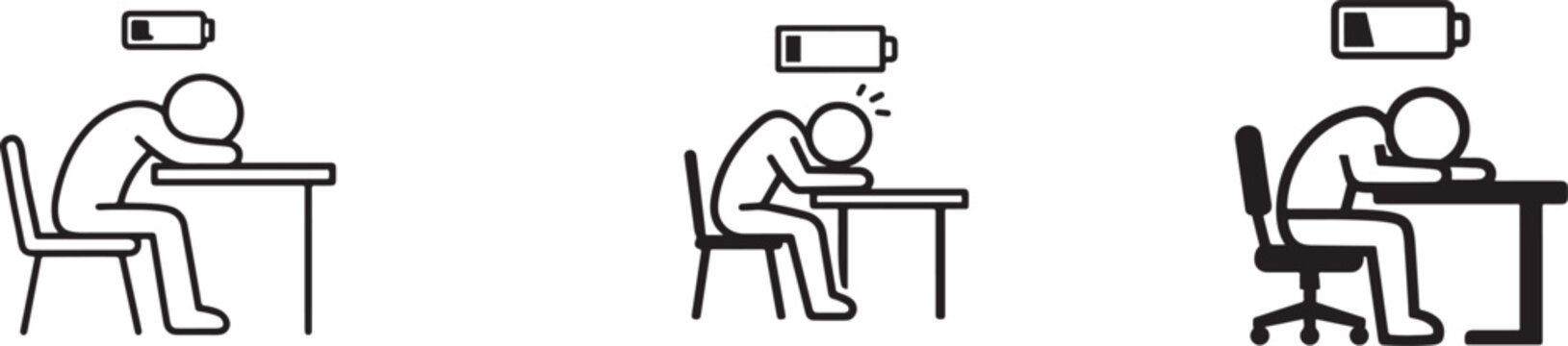 Burnout fatigue stroke icon set with tired, overwork, low battery, stress and wellness symbols.
