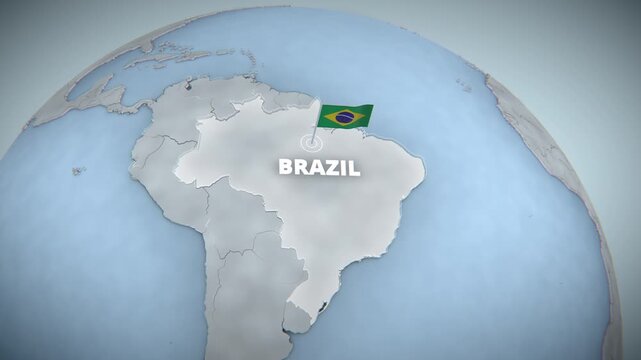 3D globe map of South America with Brazil highlighted, waving flag and typography, for broadcast news opener or presentation backdrop.
