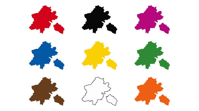 Berlin Germany map silhouettes illustration featuring nine versions of the city outline in red, black, purple, blue, yellow, green, brown, white, and orange