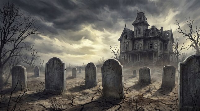 An eerie, dilapidated mansion stands ominously behind a field of weathered tombstones under a dramatic, cloudy sky.
