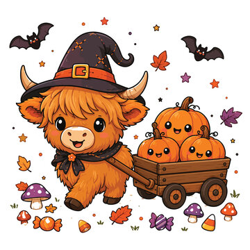 Cute Highland Cow Wearing Witch Hat with Pumpkin Wagon Halloween Vector Illustration