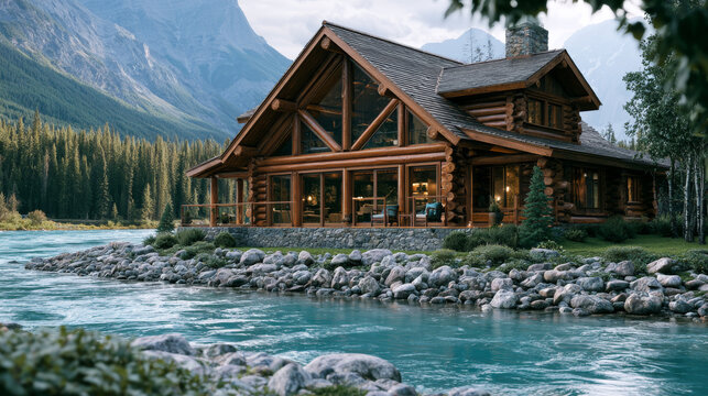 Super luxurious, upscale, modern, rich looking, elegant, high-end, log cabin next to a mountain river in the middle of mountains with mountains in the background and a forest across the river