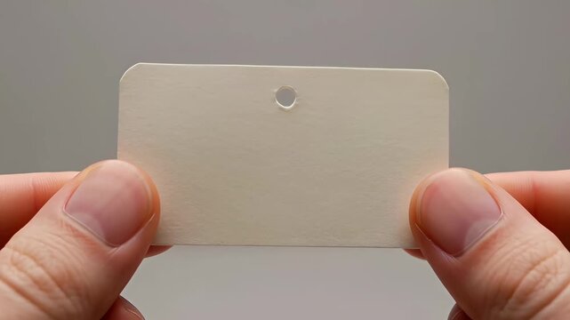 Hands Holding a Blank Paper Price Tag with Hole for Branding and Mockup