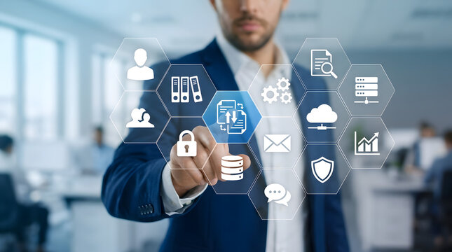 Business professional selecting digital icons on virtual interface in modern office setting